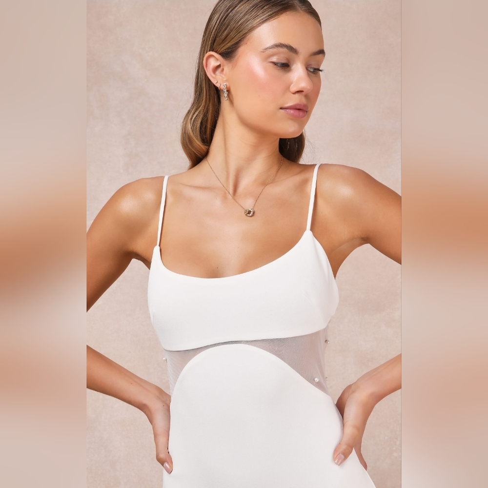 White Spaghetti-Strap Sheath Dress with Mesh Side Detail - Picture 3 of 6
